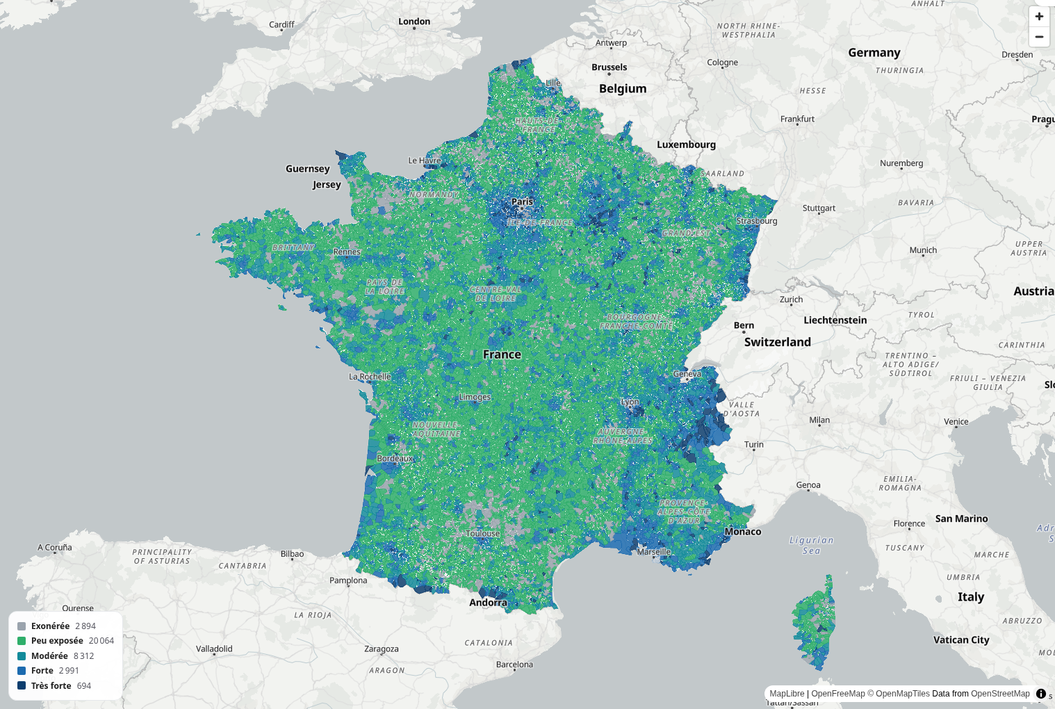 Extrait de la carte ElanRural de l’exposition des communes à la CPEB 2027
